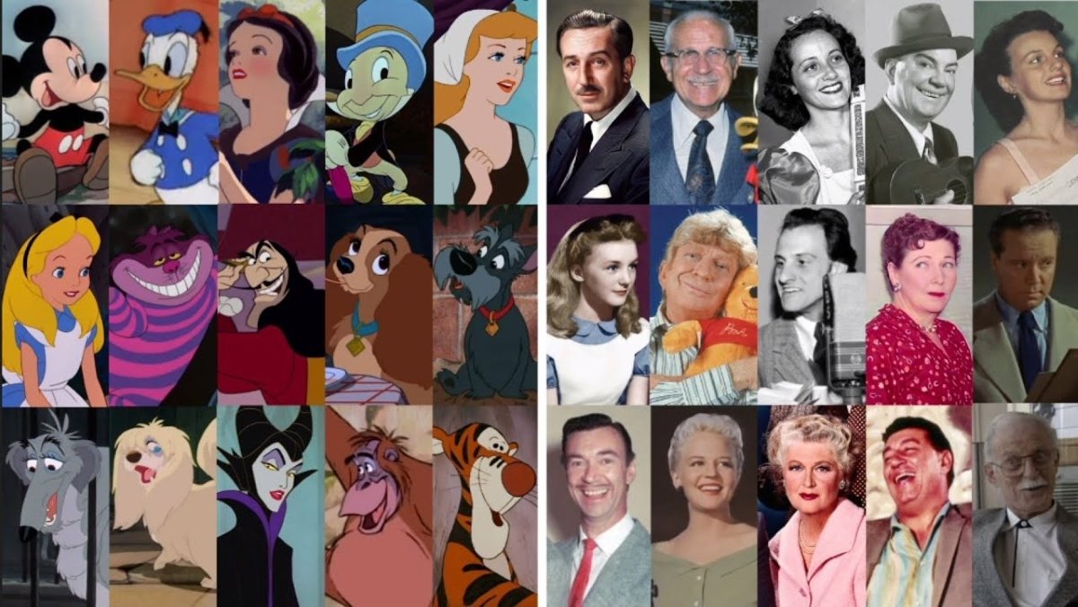 Disney Characters (left) and their voice actors (right)