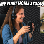 "My first home studio" - lady at recording studio with cat poster